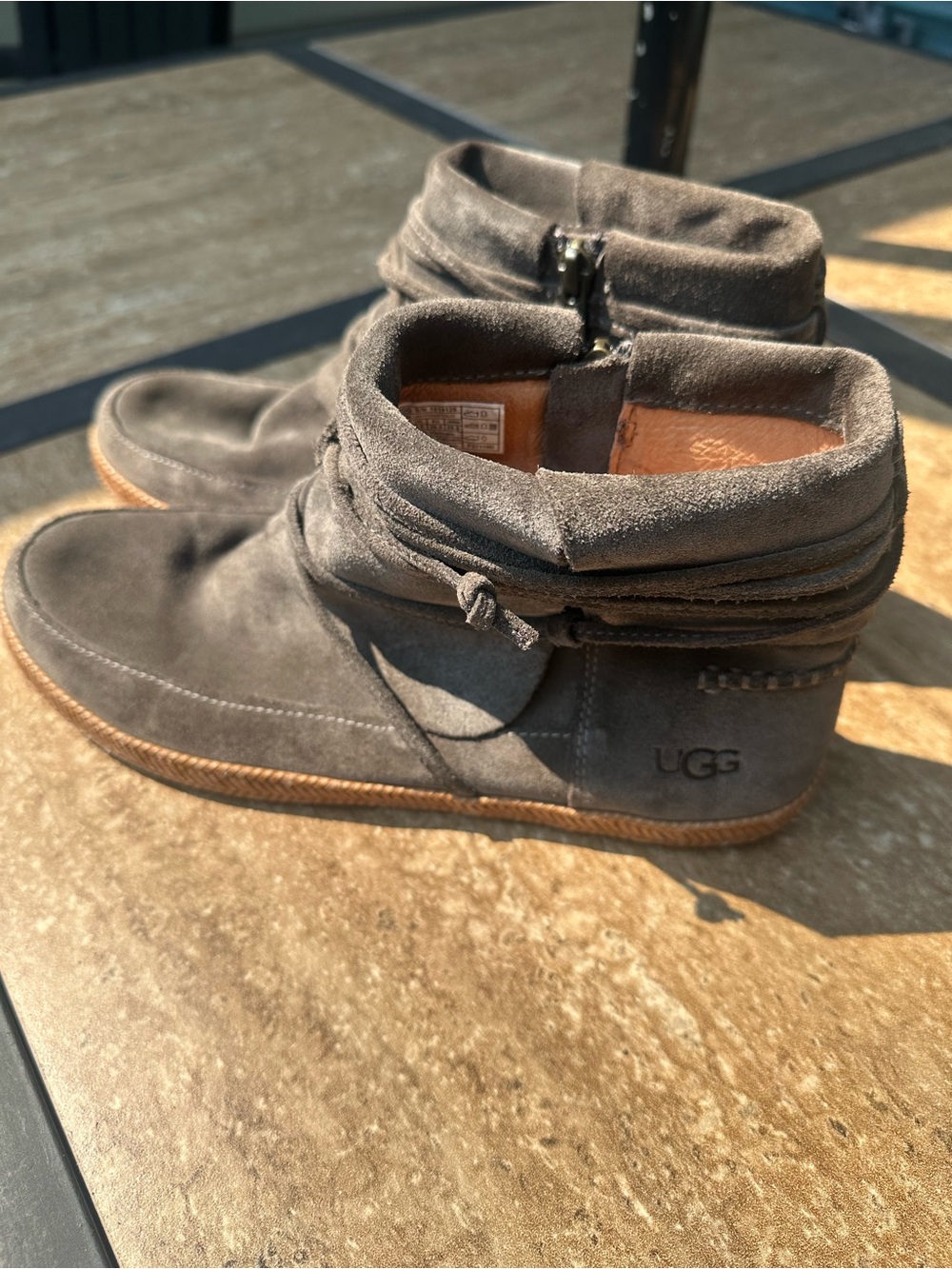 UGG Reid Charcoal Gray Suede Lace Wrap Moccasin Ankle Booties Size 8.5